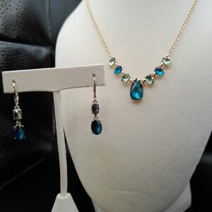 Anne Klein Women's Blue Green Gemstone Necklace Earrings Set Yellow Gold Tone